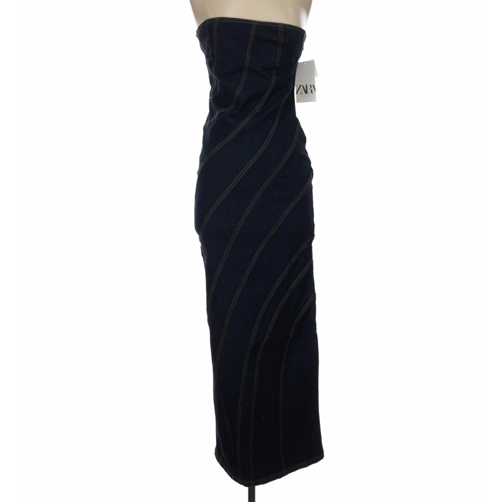 Strapless Dark Denim Maxi Dress With Curved Stitch Detailing